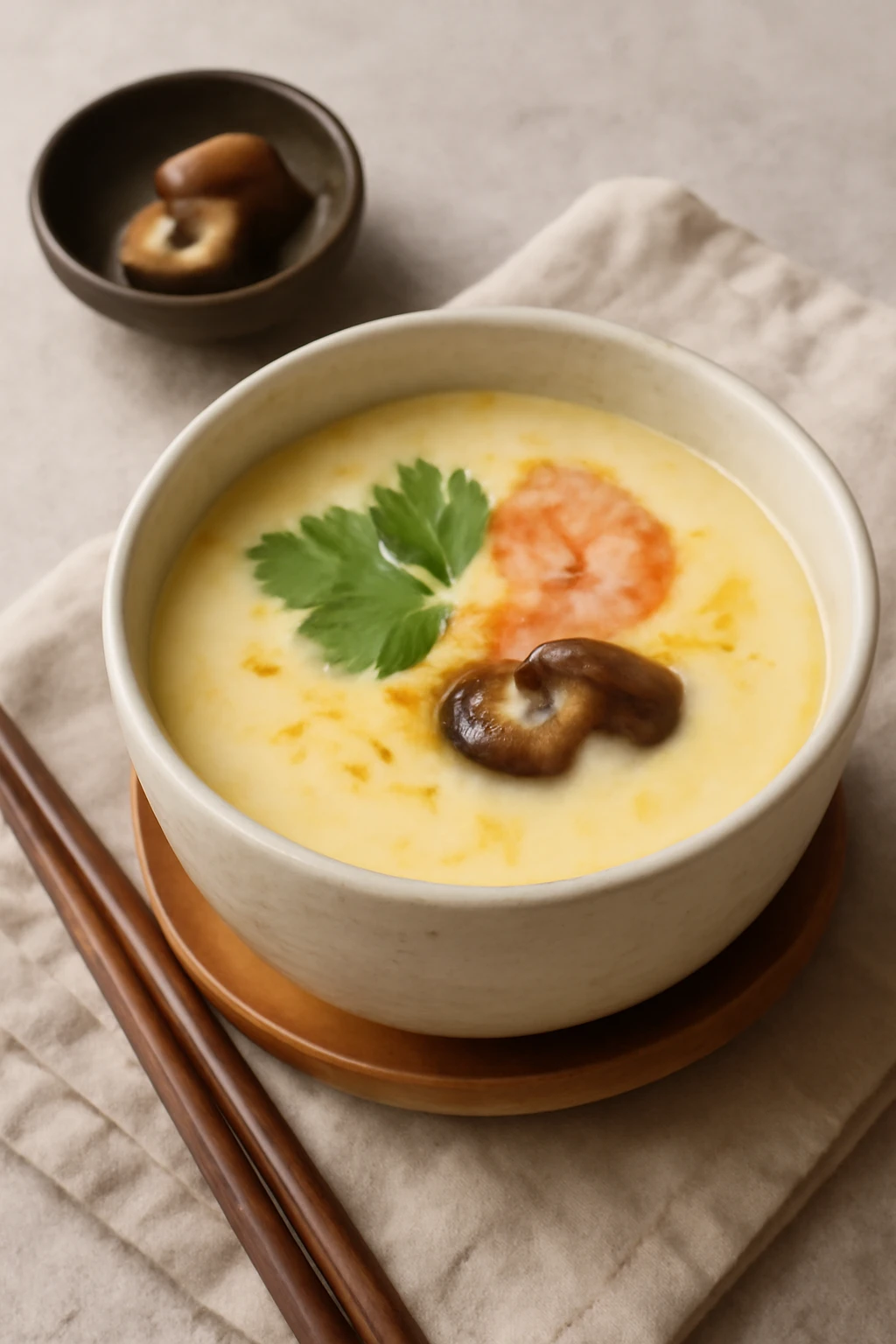 Finom japán tojásos étel, friss korianderrel díszítve