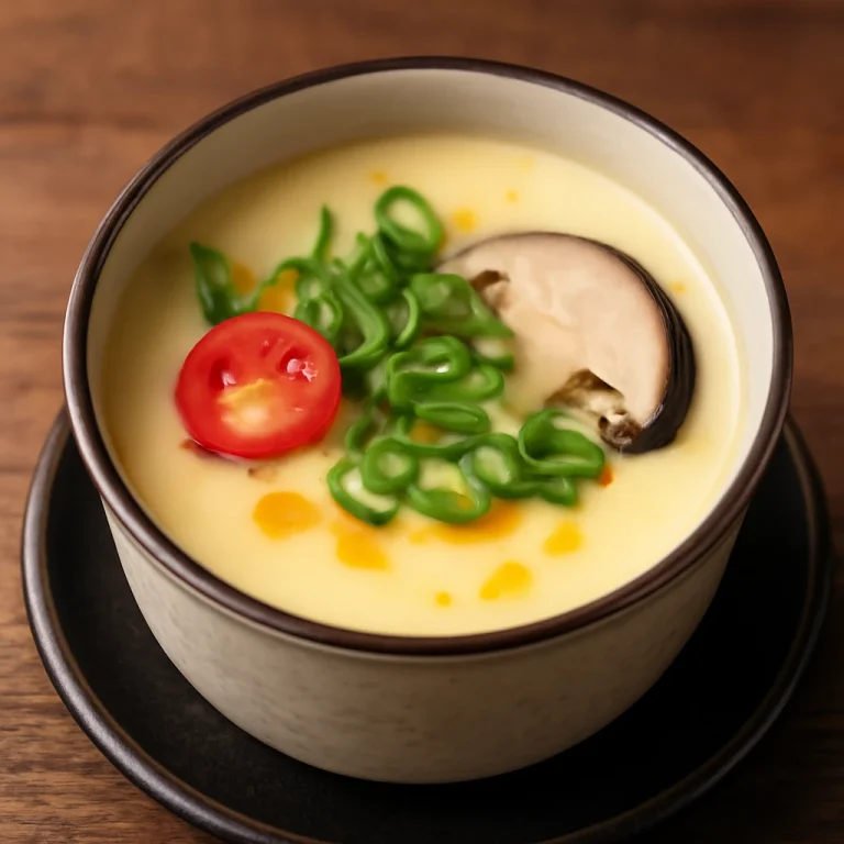 Chawanmushi chili paprikával, gazdag tojásos étel tálalva