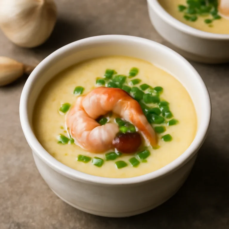 Chawanmushi fokhagymával, garnélarákkal és zöldhagymával tálalva