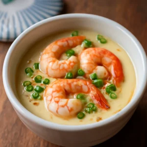 Japán chawanmushi, garnélarákkal és tavaszi hagymával