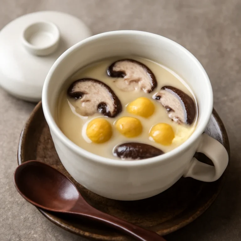 Chawanmushi gingko dióval tálalva, gőzölt tojásos étel