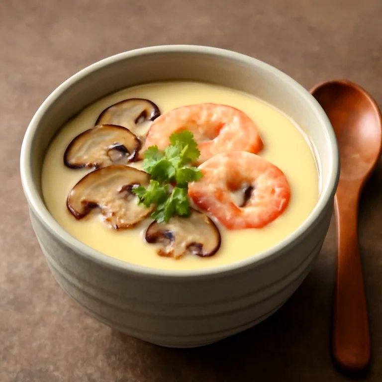 Chawanmushi mirinnel, gőzölt tojásos étel rák és gomba darabokkal