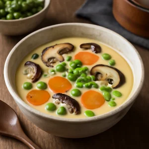Japán chawanmushi, gazdag tojásos textúrával és friss zöldségekkel