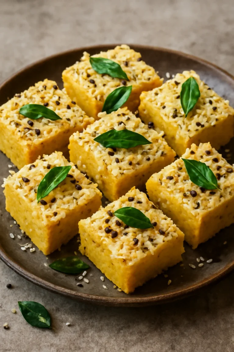 Cheese Dhokla aranybarna, sajtos darabokként tálalva, friss fűszerekkel