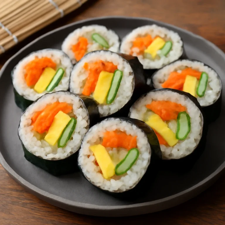 Cheese Gimbap, friss zöldségekkel és sajttal, koreai tekercs tálalva
