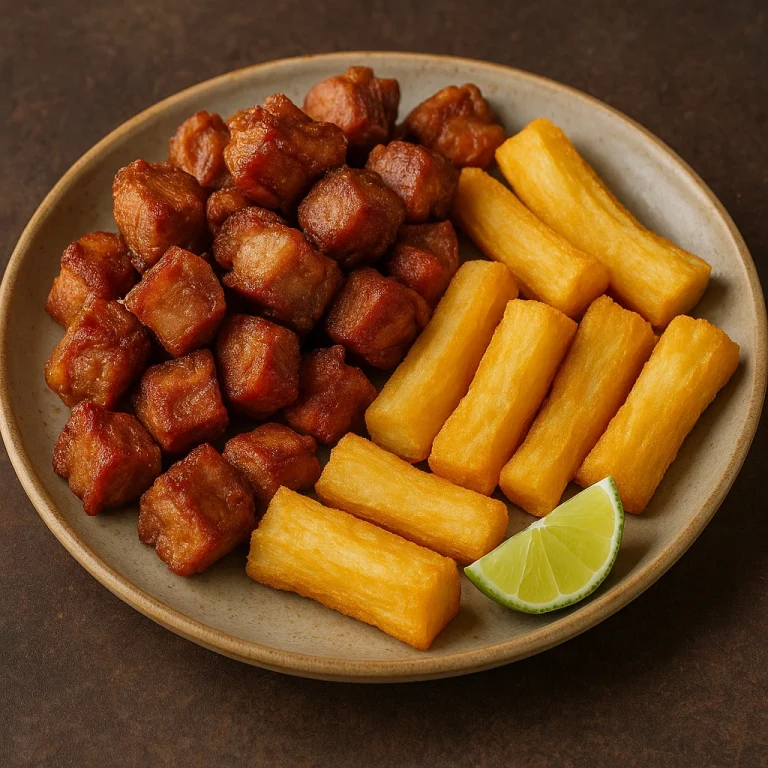 Chicharrón con yuca ropogós sertéshússal és aranybarnára sült jukkával tálalva