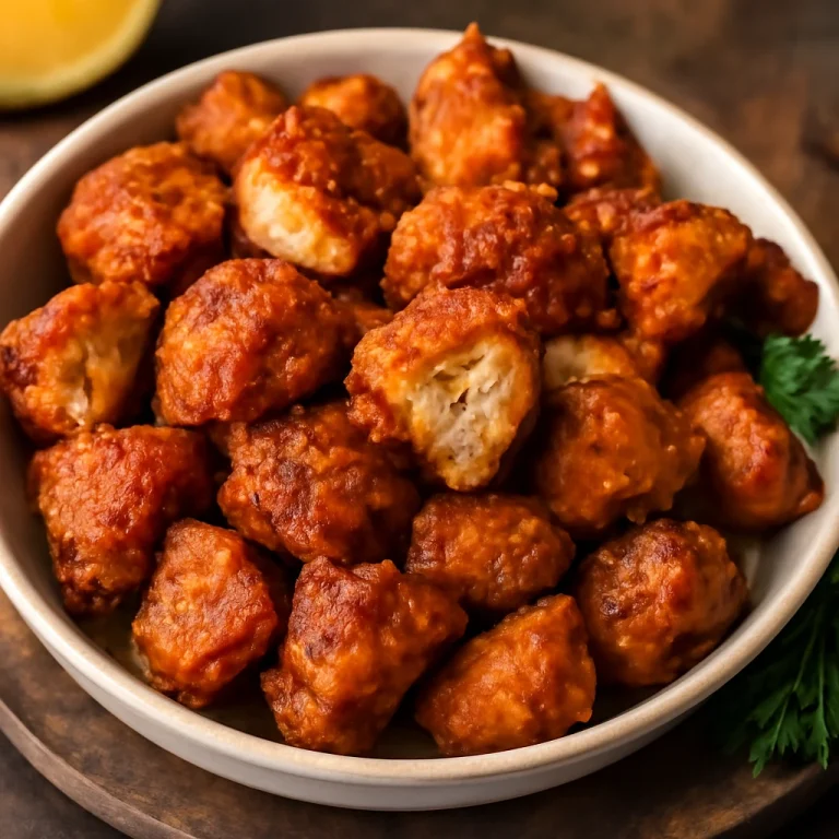 Ropogós Chicharrón de pollo tálalva, aranybarna, fűszeres csirkecomb darabok.