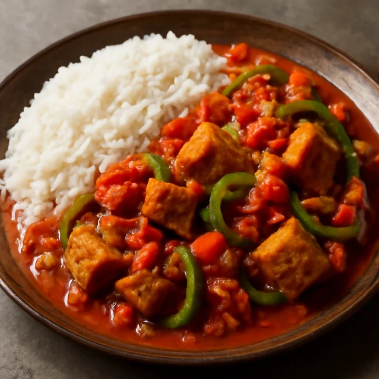Chicharrón guisado tálalva friss zöldségekkel és rizs mellett