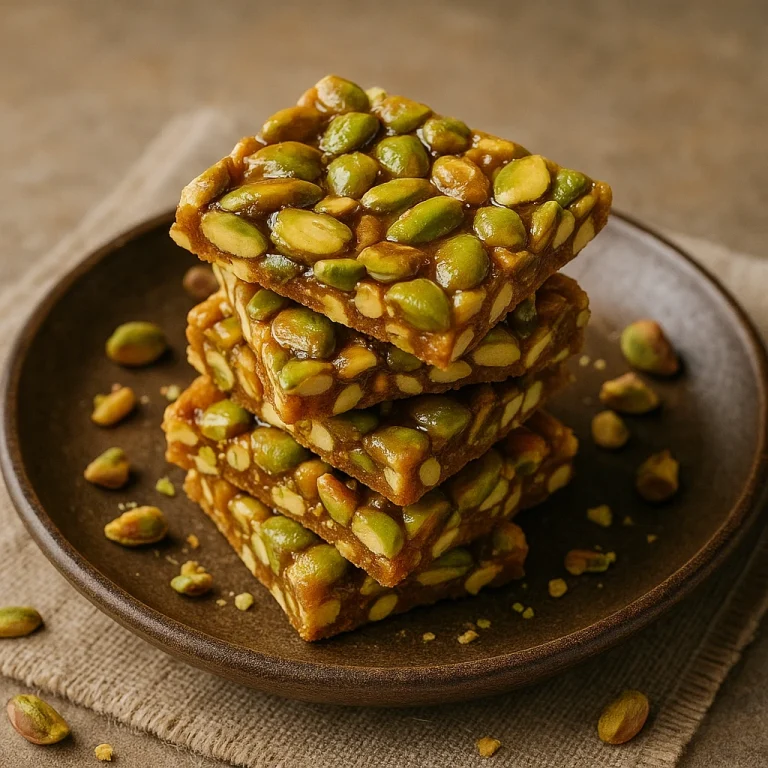 Pisztáciás chikki karamellbe ágyazva, darabokra vágva tálalva