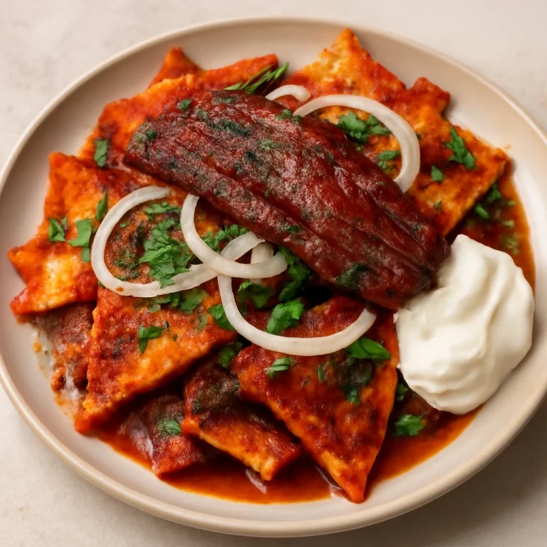 Chilaquiles con Cecina, ropogós tortilla darabok cecinával és paradicsomszósszal
