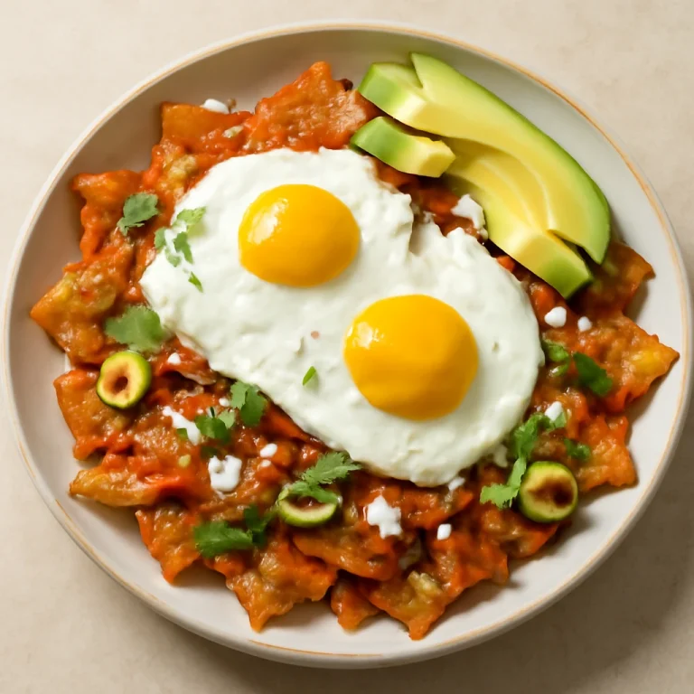 Friss chilaquiles con aguacate tálalva, avokádóval és tükörtojással