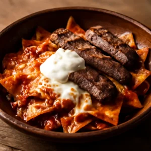 Friss húsos chilaquiles arrachera hússal és sajttal