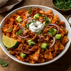 Friss és ínycsiklandó chilaquiles con carne enchilada, fűszeres csirkehússal és avokádóval