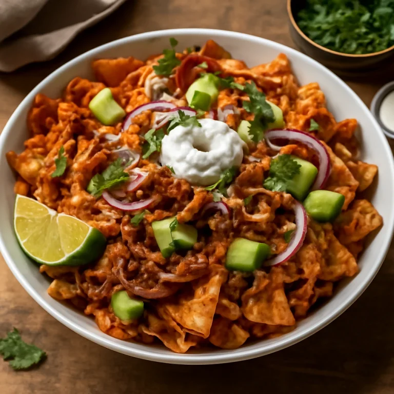 Chilaquiles con carne enchilada, tortilla csíkok, enchilada szósz, csirkehús, avokádó, sajt és koriander díszítéssel