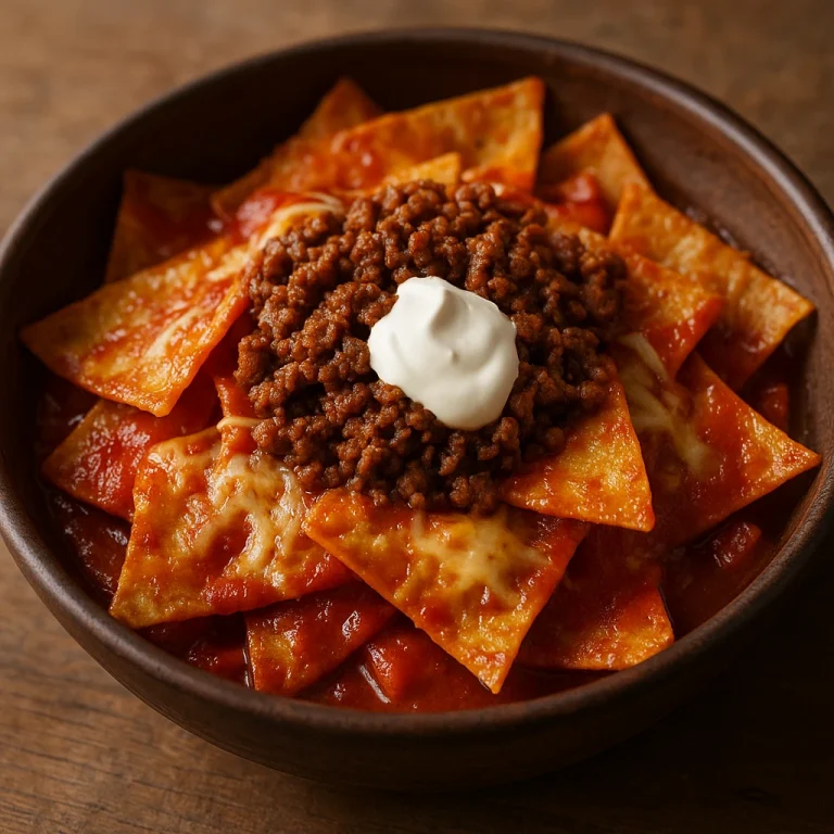 Chilaquiles con carne molida – darált hússal, piros szósszal, sajttal és tejföllel tálalva