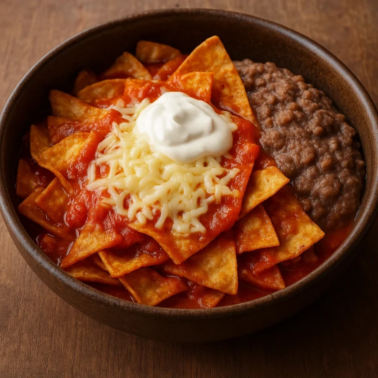 Chilaquiles con frijoles refritos – piros szószos tortilla babbal, sajttal és tejföllel tálalva