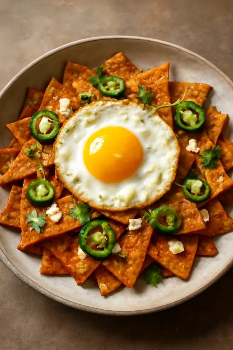 Chilaquiles con huevo estrellado frissen tálalva, napfényben