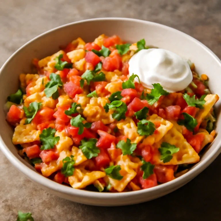 Chilaquiles con huevo revuelto, friss korianderrel és tejföllel tálalva, színes és ínycsiklandó étel