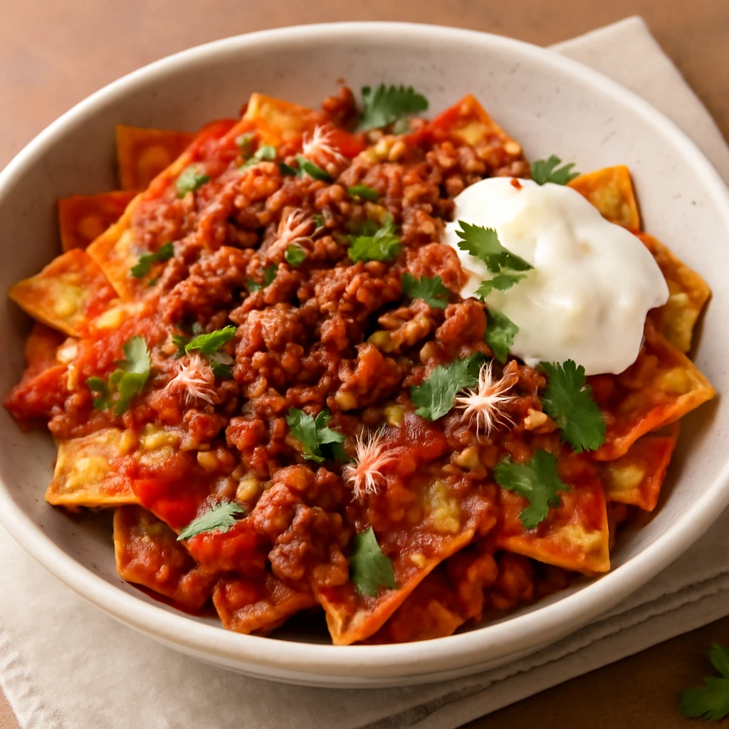 Ínycsiklandó chilaquiles longanizával, tejföllel és friss korianderrel tálalva