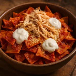 Chilaquiles szálas csirkével, paradicsomos-chilis szósszal