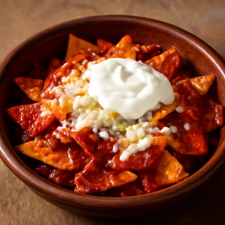Chilaquiles con salsa de chile pasilla – piros szósszal, ropogós tortilla darabokkal, reszelt sajttal és tejföllel tálalva