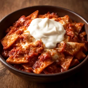 Ropogós tortilla darabok chipotle szósszal és sajttal tálalva