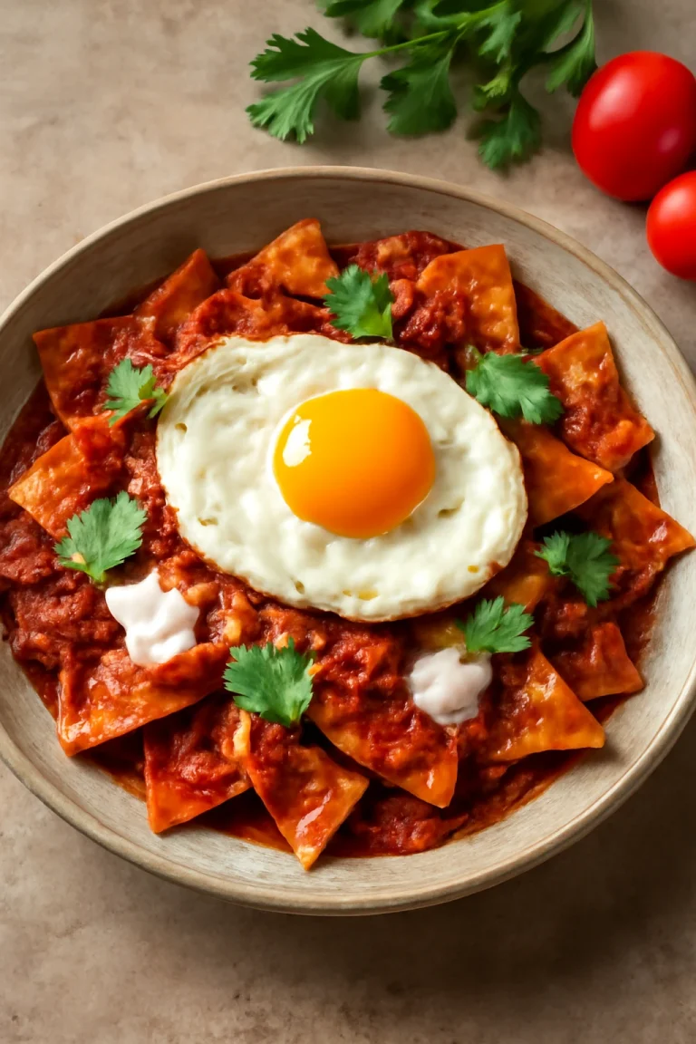 Chilaquiles con salsa guajillo tálalva friss korianderrel és tojással