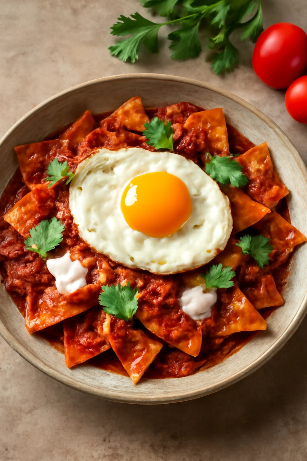Mexikói chilaquiles salsa guajillóval és tojással tálalva