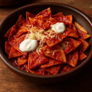 Mexikói chilaquiles ropogós tortilla darabokkal, piros szósszal és sajttal