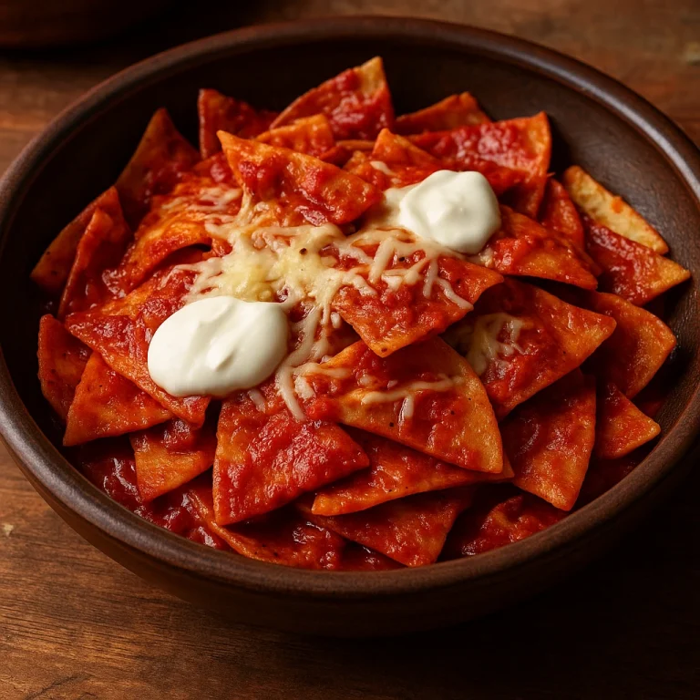 Chilaquiles rojos paradicsomos-chilis szósszal bevonva, reszelt sajttal és tejföllel tálalva