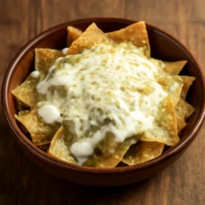 Ropogós tortilla darabok zöld chili szószban, reszelt sajttal és tejföllel tálalva