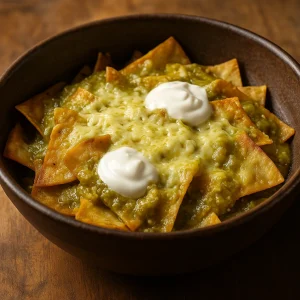 Friss zöld paradicsomos szószban forgatott tortilla darabok
