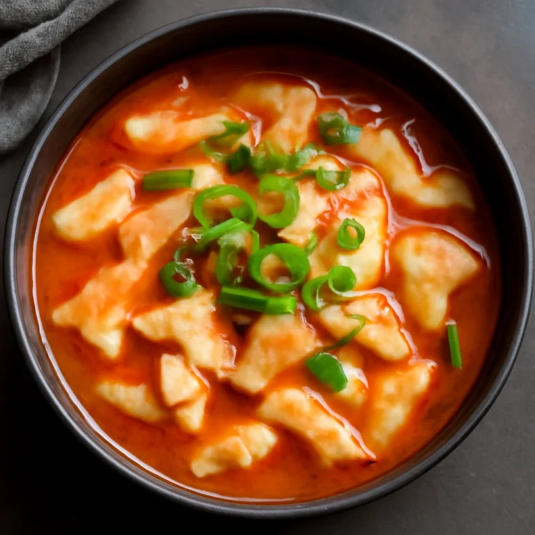 Chilis Sujebi, koreai tésztaleves chilis fokhagymás szósszal és zöldhagymával tálalva