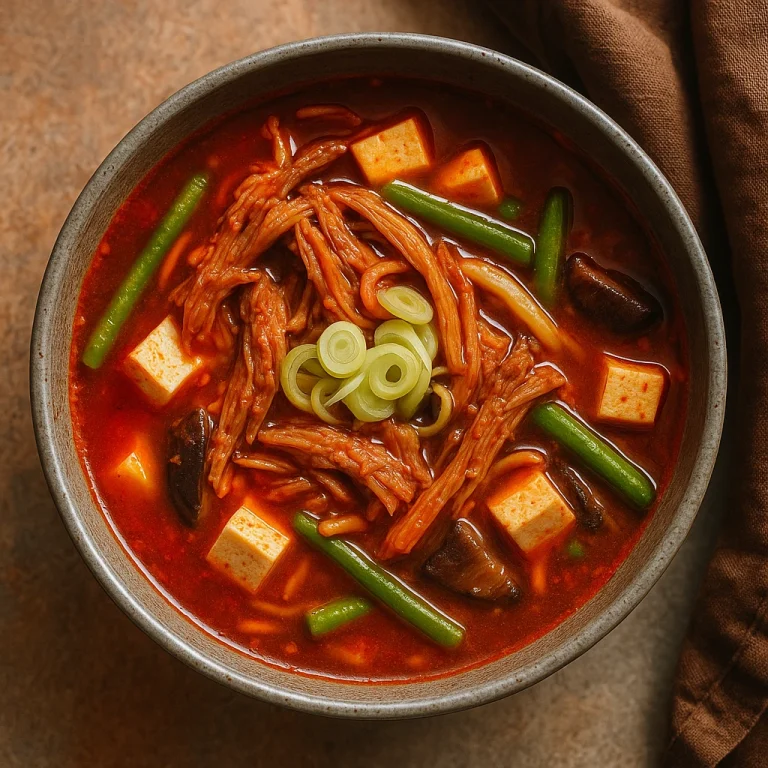 Chilis yukgaejang koreai marhahúsleves vöröses színű, tofuval és zöldségekkel