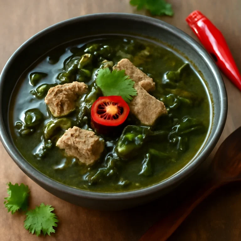 Chilis miyeokguk, friss korianderrel tálalva