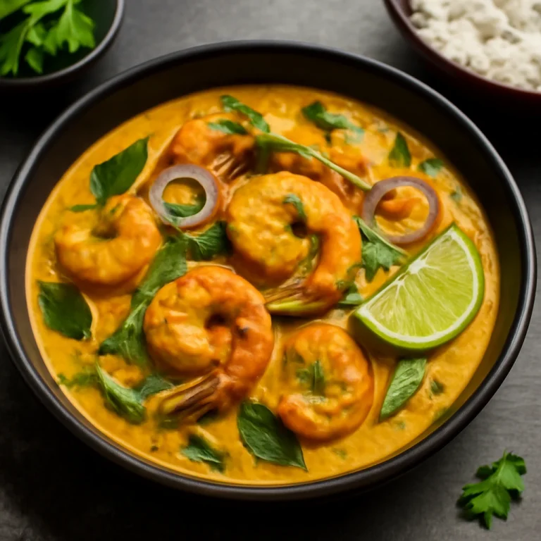 Chingri malai garam masalával tálalva, friss korianderrel és lime levével