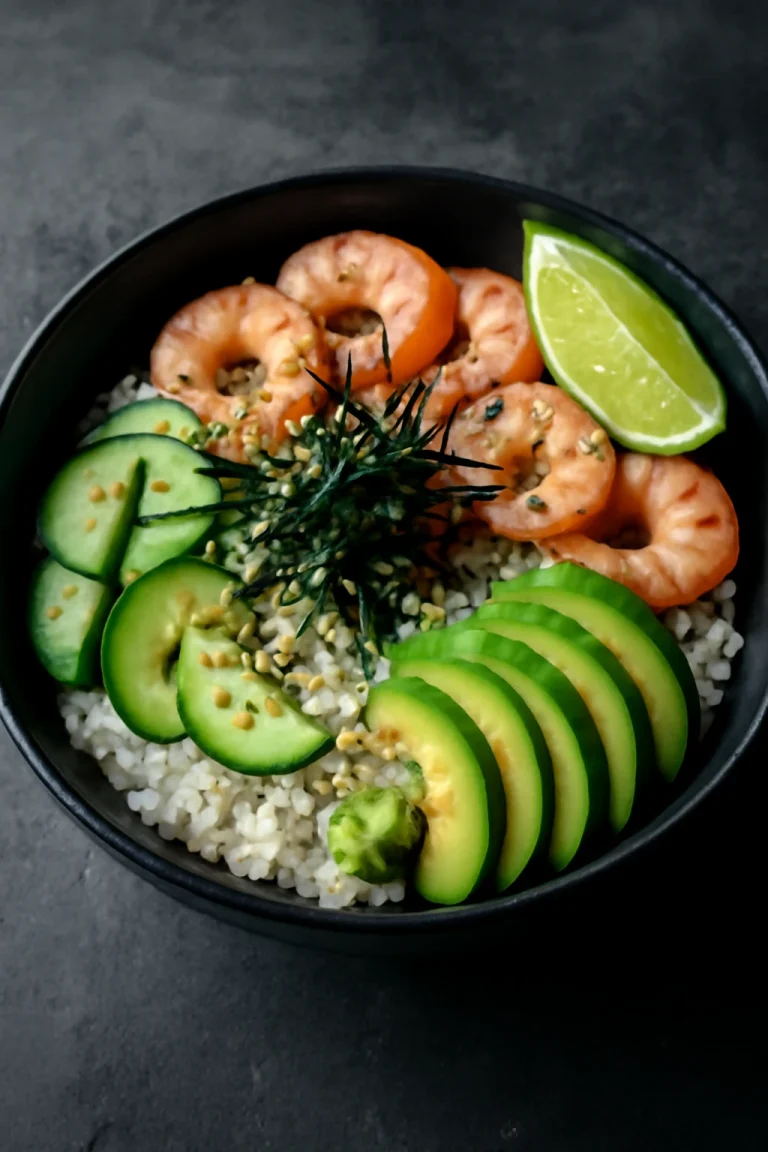 Chirashi garnélarákkal, sushi rizs, avokádó és szezámmag tálalva