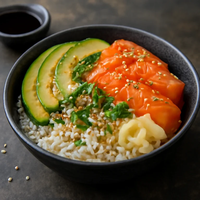 Chirashi tál avokádóval, lazaccal és friss zöldségekkel tálalva