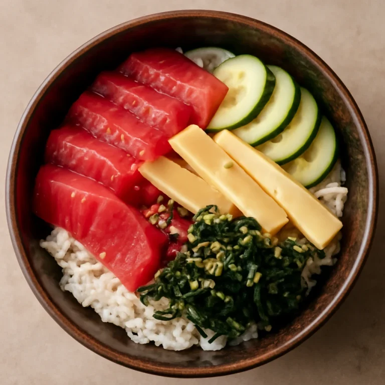 Chirashi tál bambuszrüggyel és friss zöldségekkel tálalva
