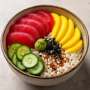 Japán étel mangóval és friss zöldségekkel