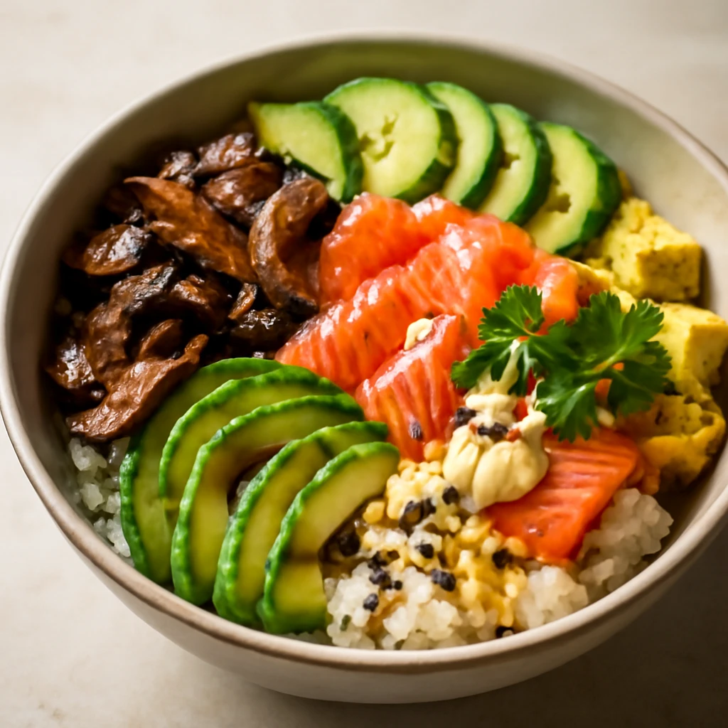 Chirashi tál shiitake gombával, lazaccal és friss zöldségekkel