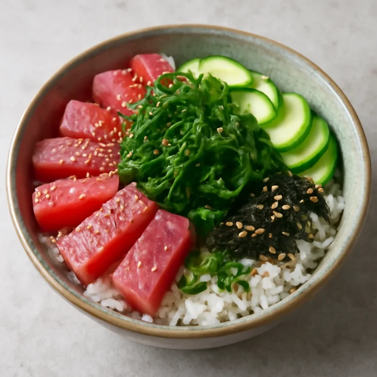 Chirashi tál zöld algával és friss zöldségekkel tálalva
