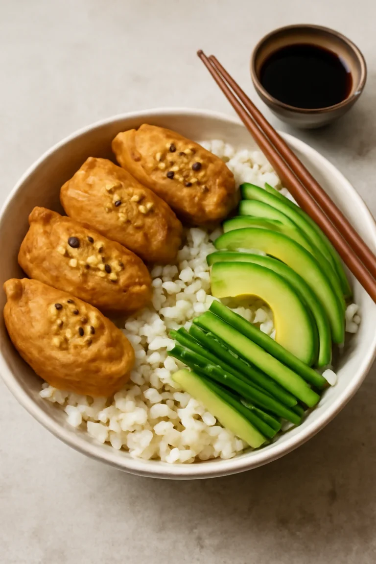 Chirashizushi inari tofuval, friss zöldségekkel tálalva