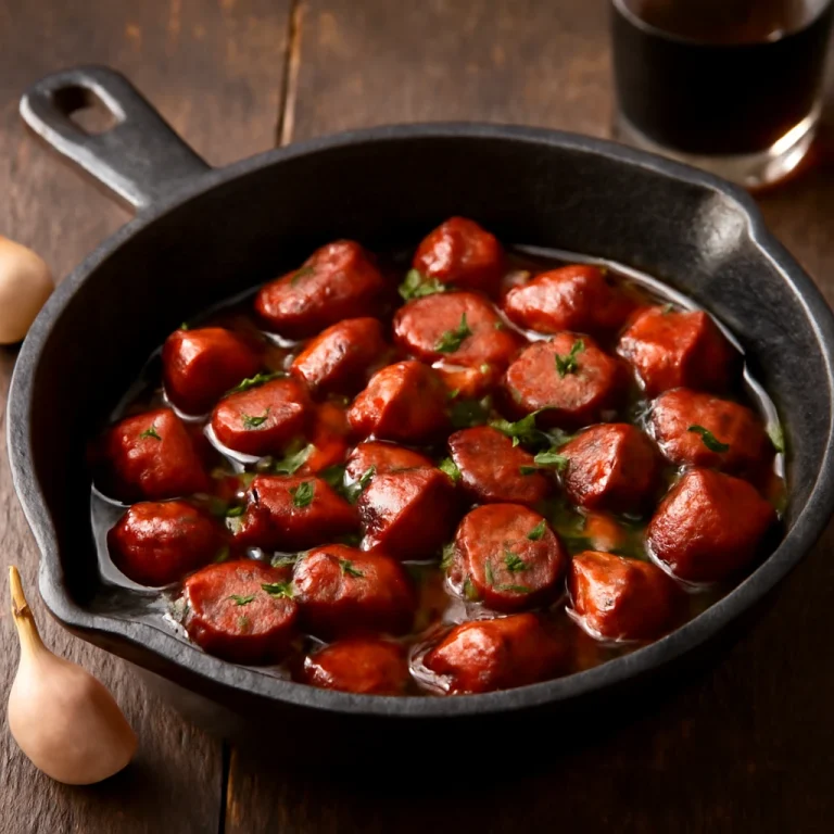 Chistorra con vino Pedro Ximénez spanyol étel, kolbászdarabok és boros szósz a serpenyőben