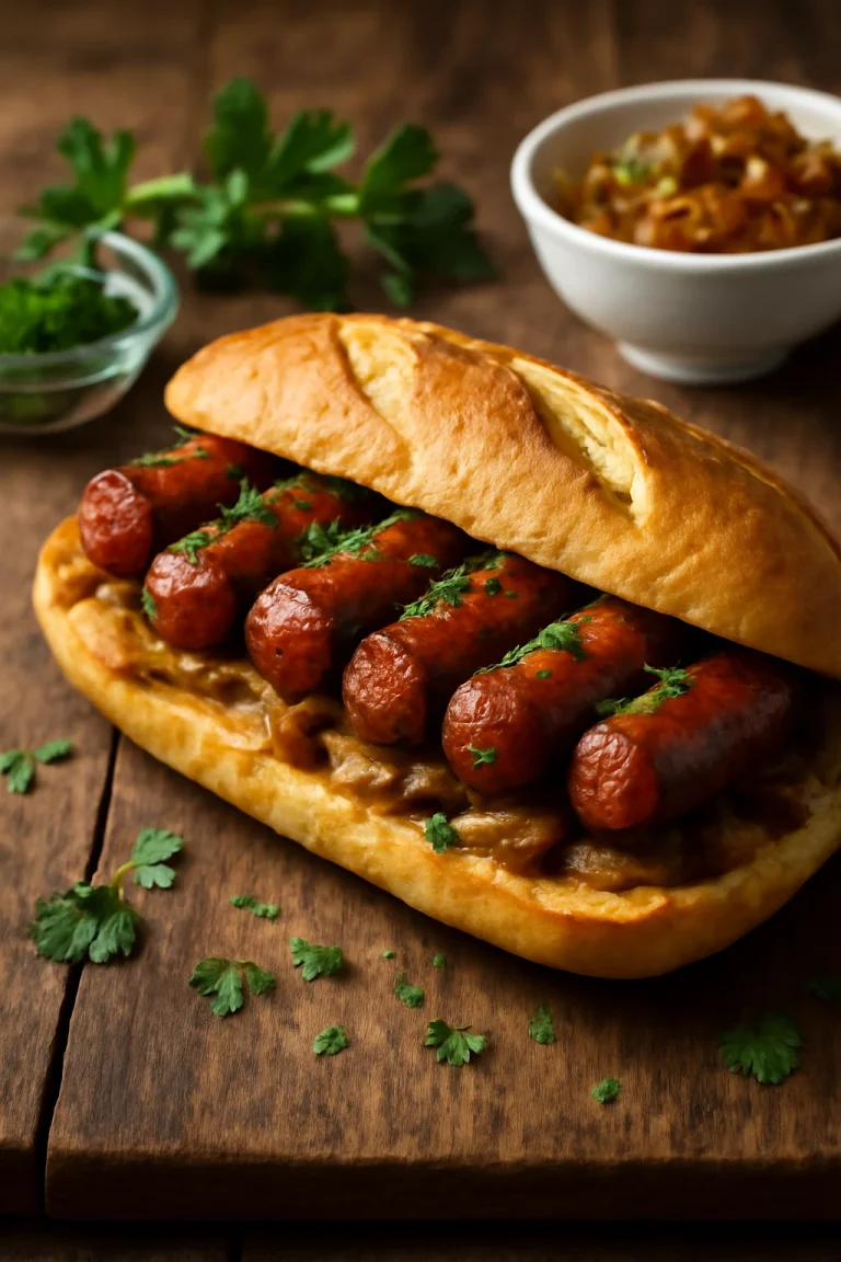 Chistorra en bocadillo, kolbászos szendvics, friss petrezselyemmel és pirított baguette-tel
