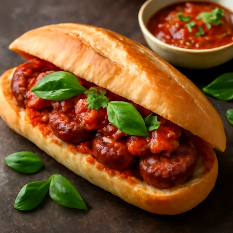 Choripán paradicsomos szósszal, gazdag kolbászos és fűszeres étel, friss bazsalikommal tálalva