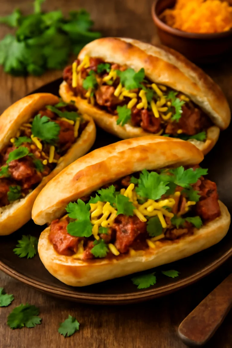 Choripán sajttal, friss korianderrel és pirított baguette-tel tálalva