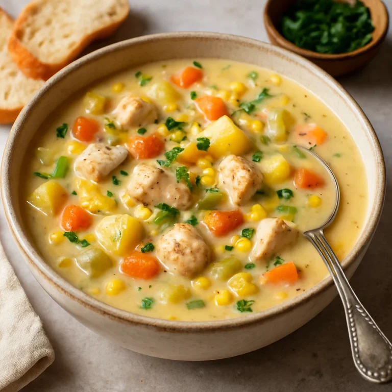 Krémes csirkés chowder zöldségekkel és kukoricával tálalva