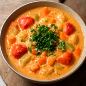 Gazdag, krémes paradicsomos chowder friss zöldségekkel