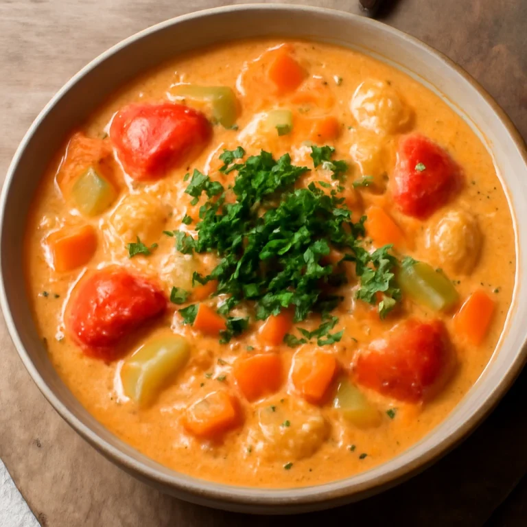 Chowder paradicsommal, friss petrezselyemmel tálalva